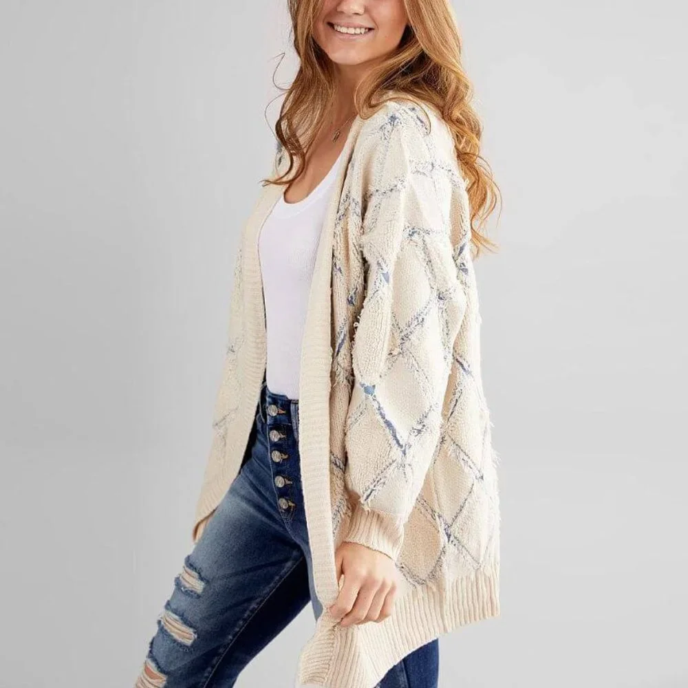 Gilded Intent Pulled Stitch Fringe Quilted Coastal Beach Shredded Cardigan-M